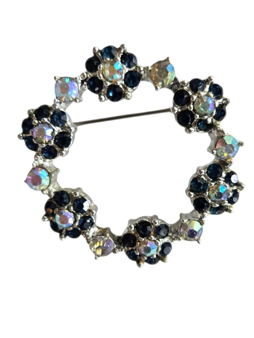 Wreath Brooch - Blue And Irridescent Crystal Like Gemstones Silver-Tone Vintage
